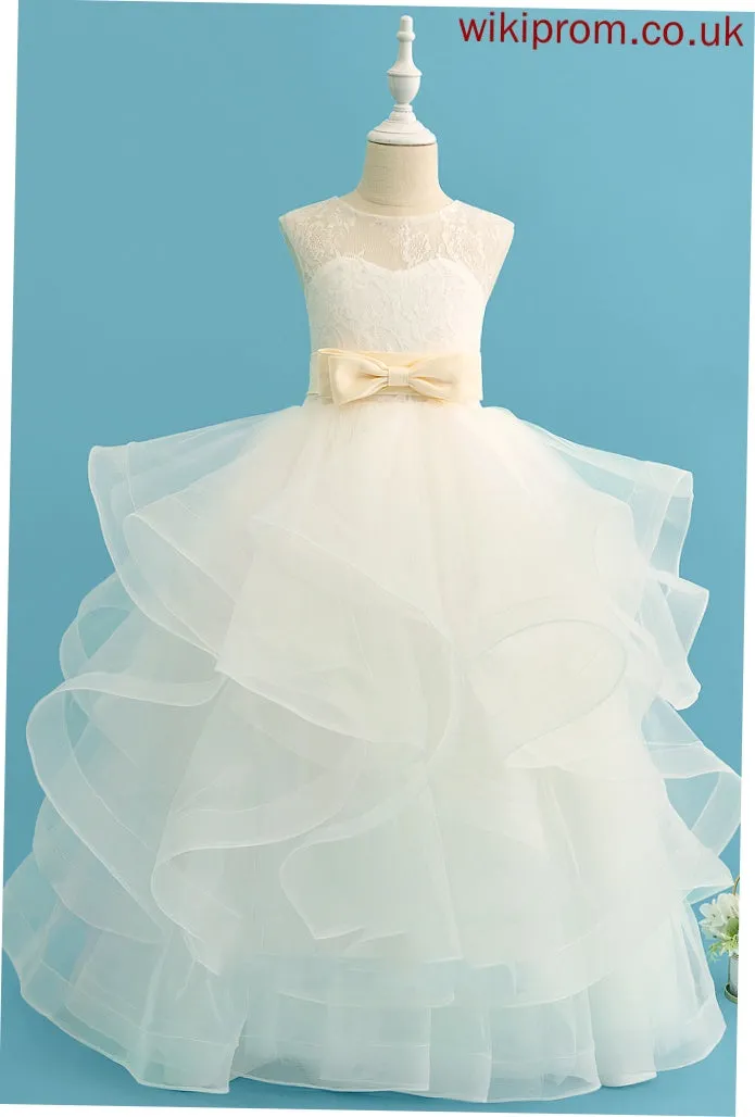 - sash) Flower Neck Scoop Kit Ball-Gown/Princess Bow(s) Flower Girl Dresses Sleeveless (Detachable Girl Floor-length Dress Satin/Tulle/Lace With