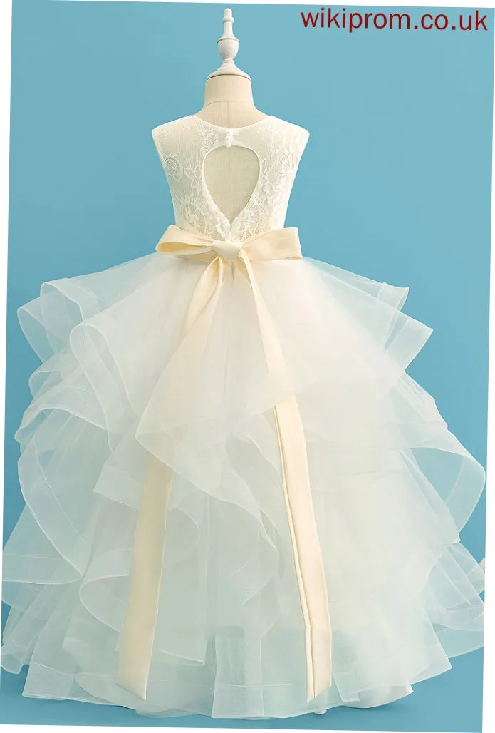 - sash) Flower Neck Scoop Kit Ball-Gown/Princess Bow(s) Flower Girl Dresses Sleeveless (Detachable Girl Floor-length Dress Satin/Tulle/Lace With