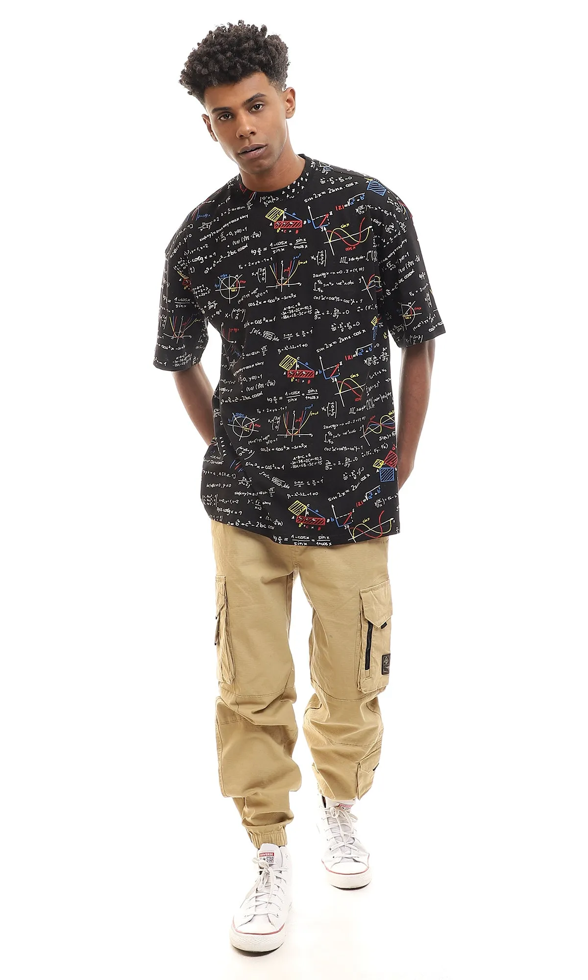 97157 Self Mathematics Black Mock Neck Cotton Tee
