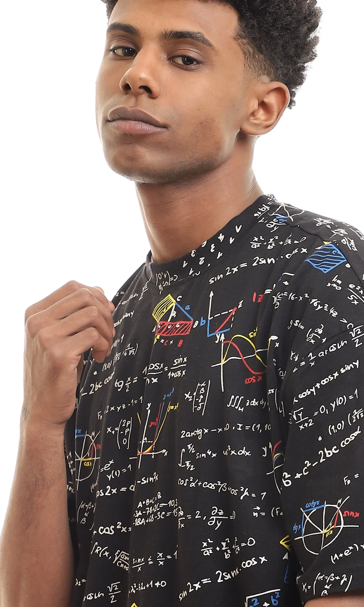97157 Self Mathematics Black Mock Neck Cotton Tee