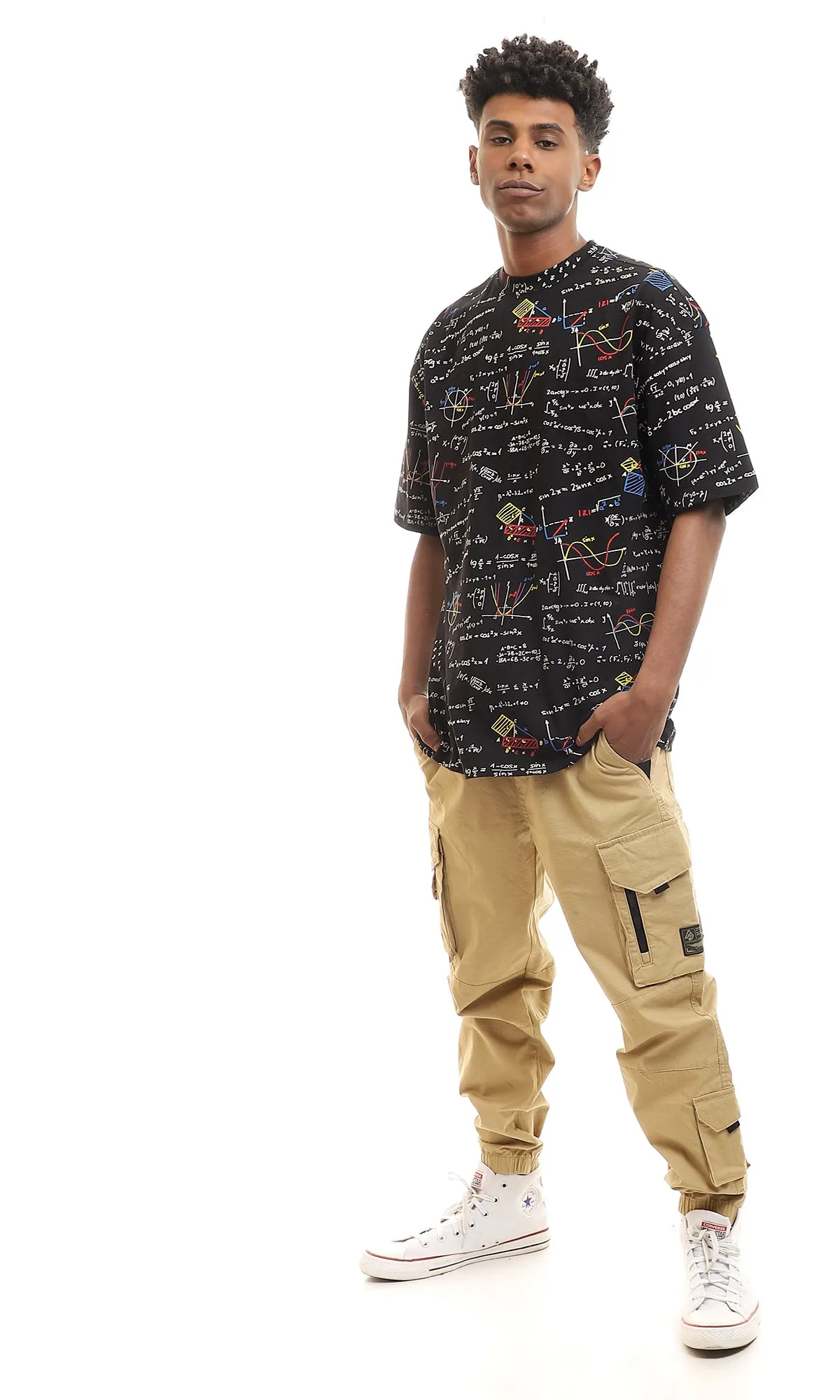 97157 Self Mathematics Black Mock Neck Cotton Tee
