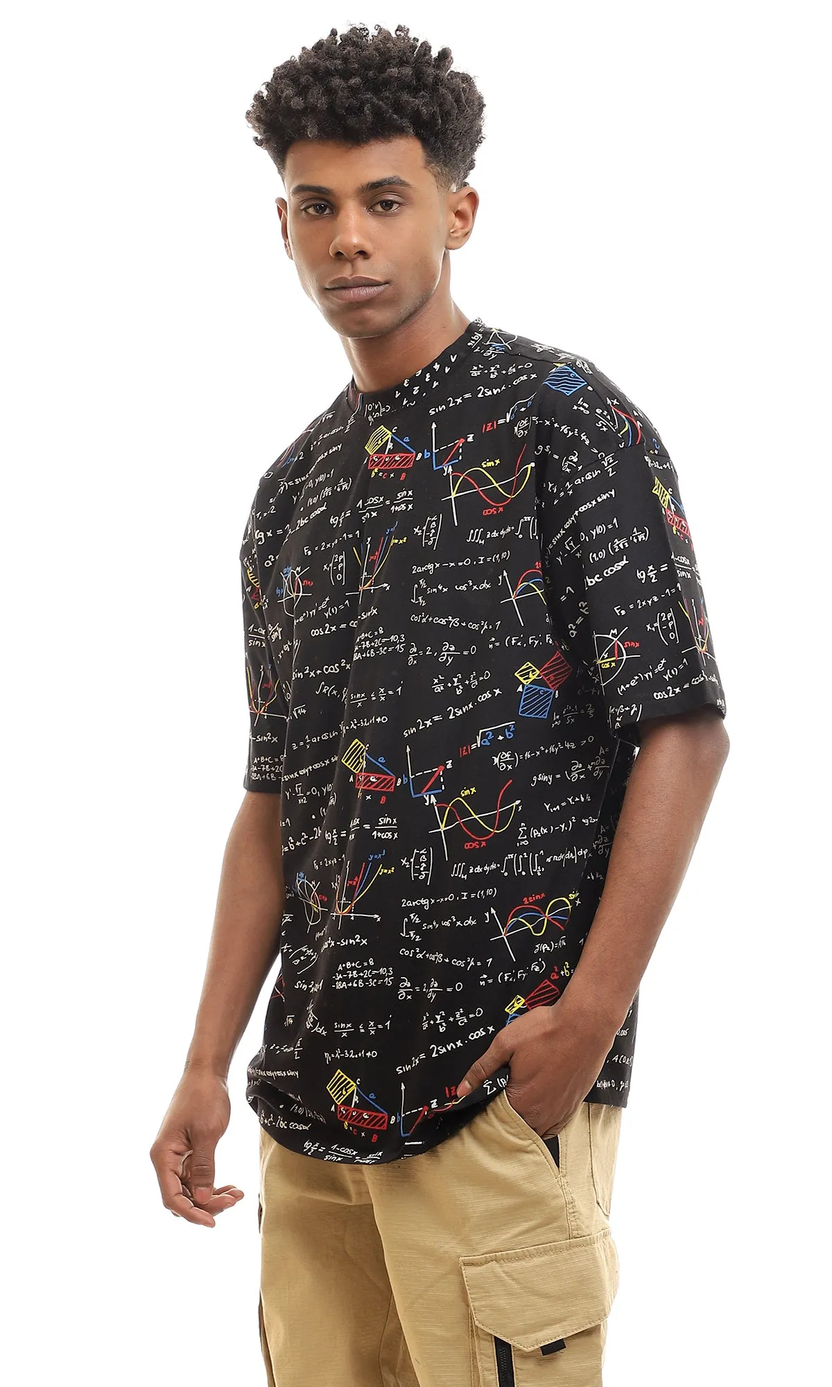 97157 Self Mathematics Black Mock Neck Cotton Tee