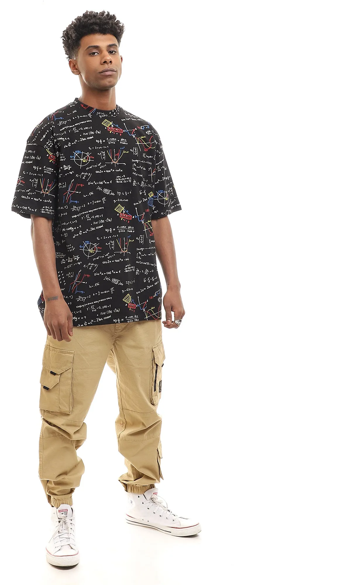 97157 Self Mathematics Black Mock Neck Cotton Tee