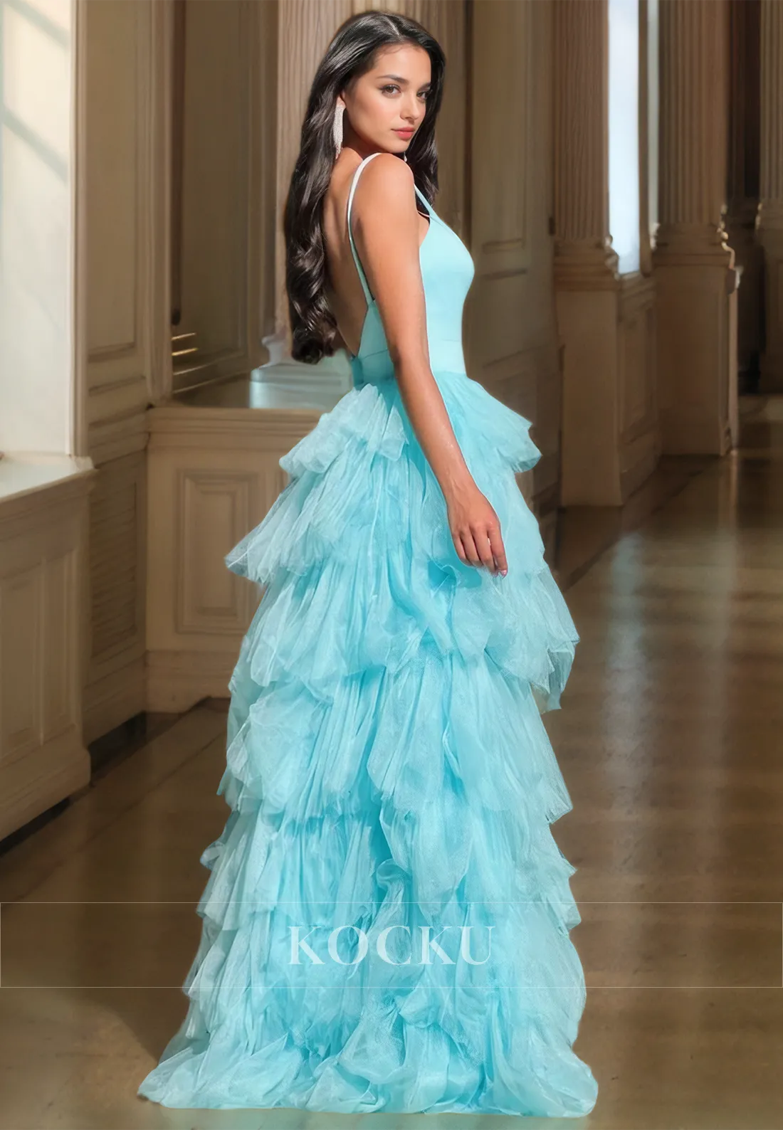 A-Line Spaghetti Straps V-Neck Prom Dress Sleeveless Floor-Length Lace Party Dress with Slit