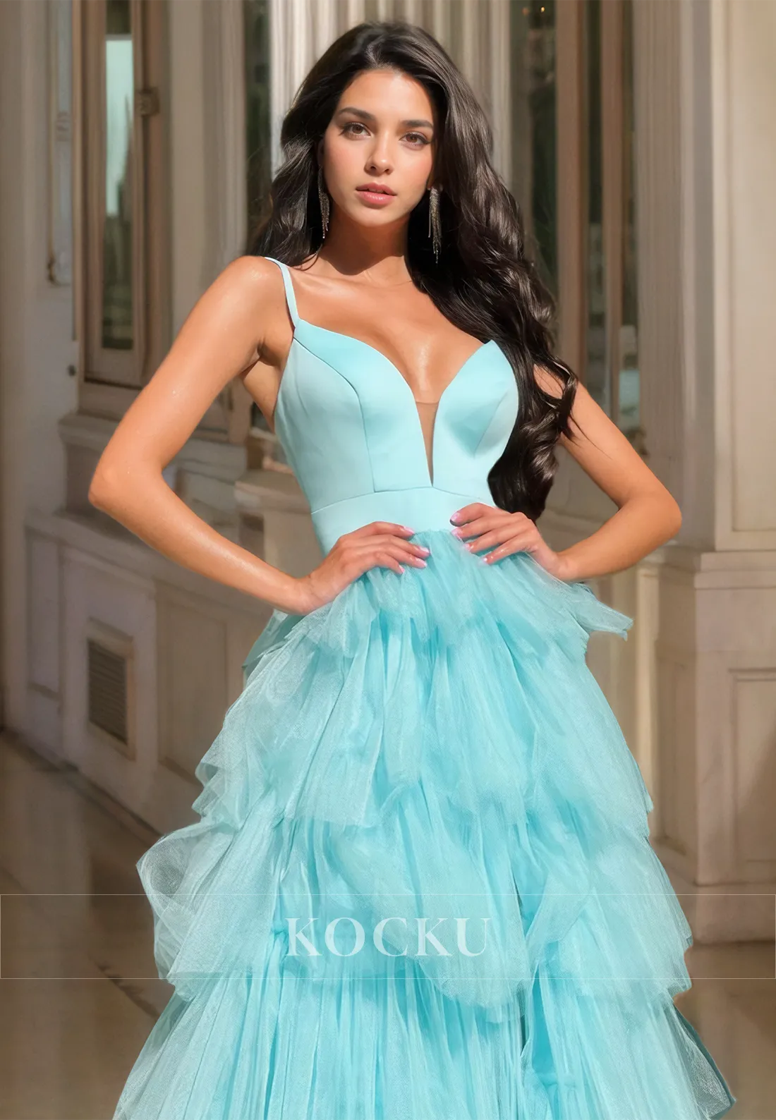 A-Line Spaghetti Straps V-Neck Prom Dress Sleeveless Floor-Length Lace Party Dress with Slit