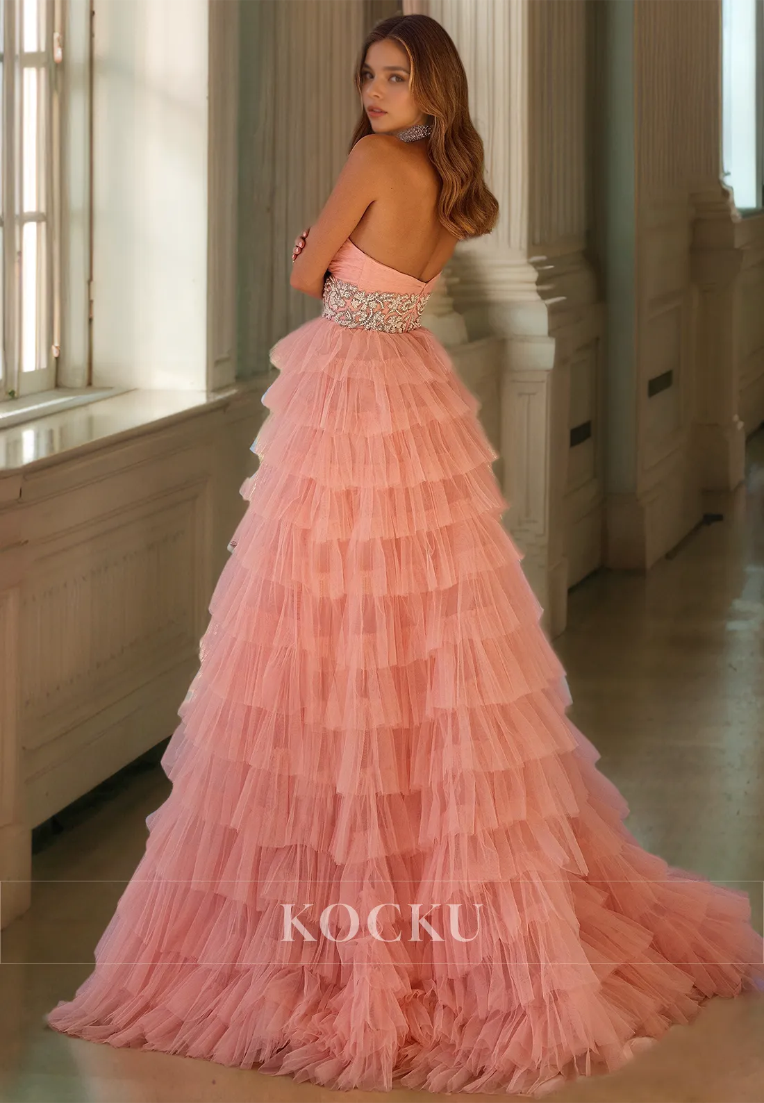 A-Line Sweetheart Sleeveless High Split Pleated Lace Evening Gowns with Beaded Prom Dress
