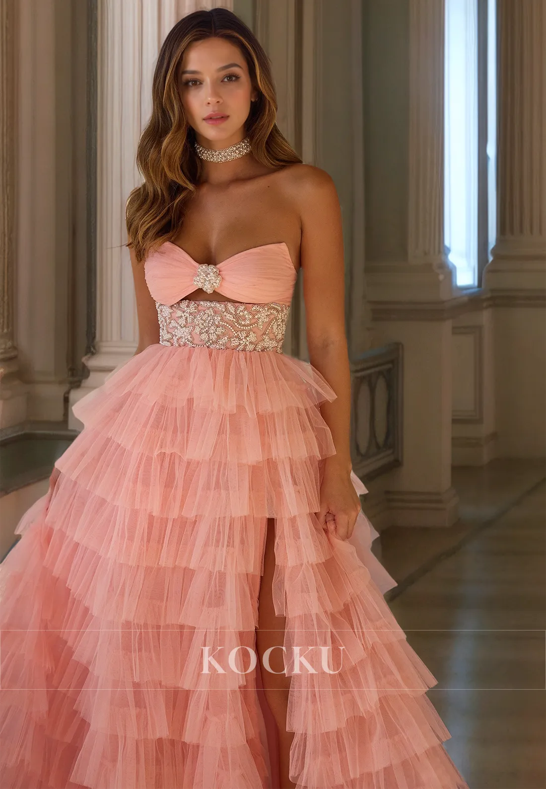 A-Line Sweetheart Sleeveless High Split Pleated Lace Evening Gowns with Beaded Prom Dress