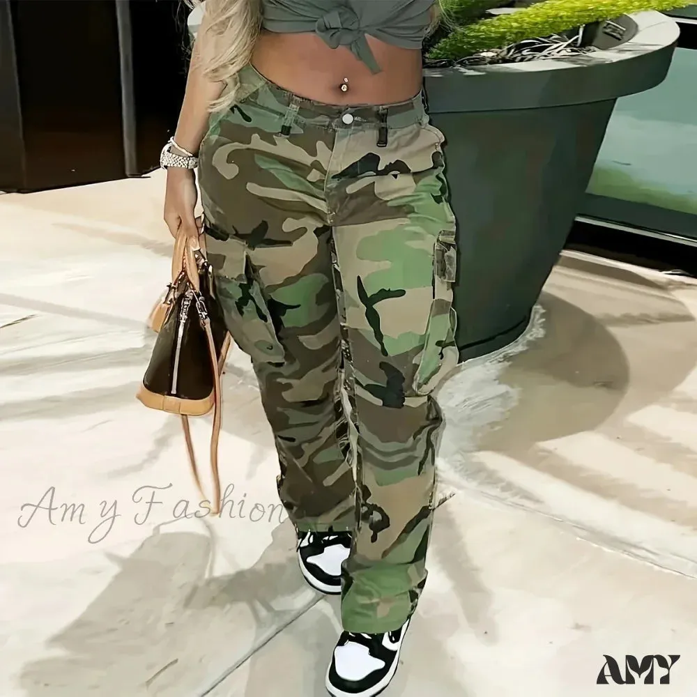 Amy Fashion - Camo Print Side Flap Pocket Cargo Loose Fit Stretchy Y2K Kpop Denim Women's Denim & Clothing Jean