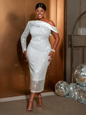 AOMEIDRESS Rhombus Sequins Plus Size Party Dresses One Shoulder Prom Dress