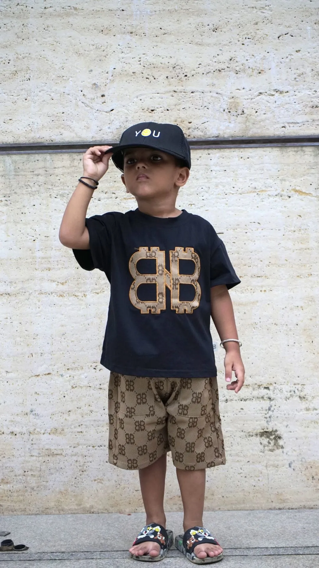 Black Round Neck Tshirt with Brown Print Shorts