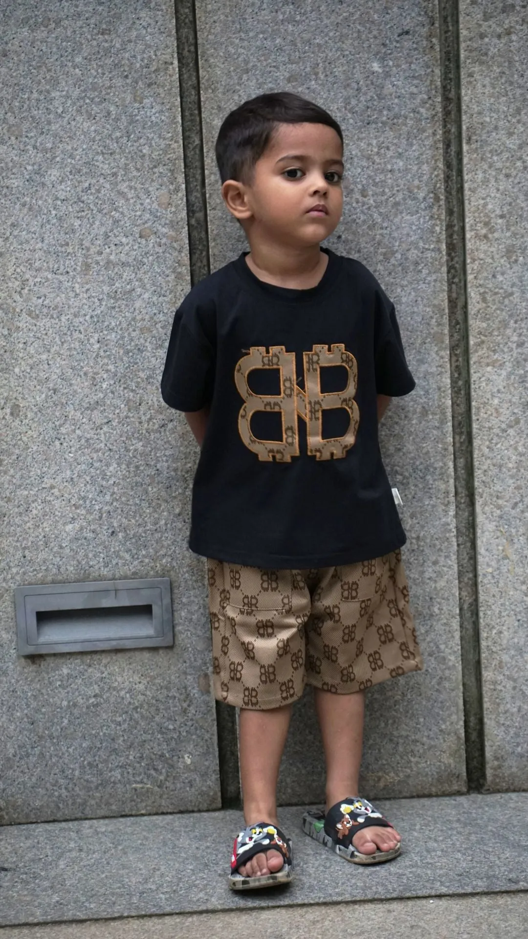 Black Round Neck Tshirt with Brown Print Shorts