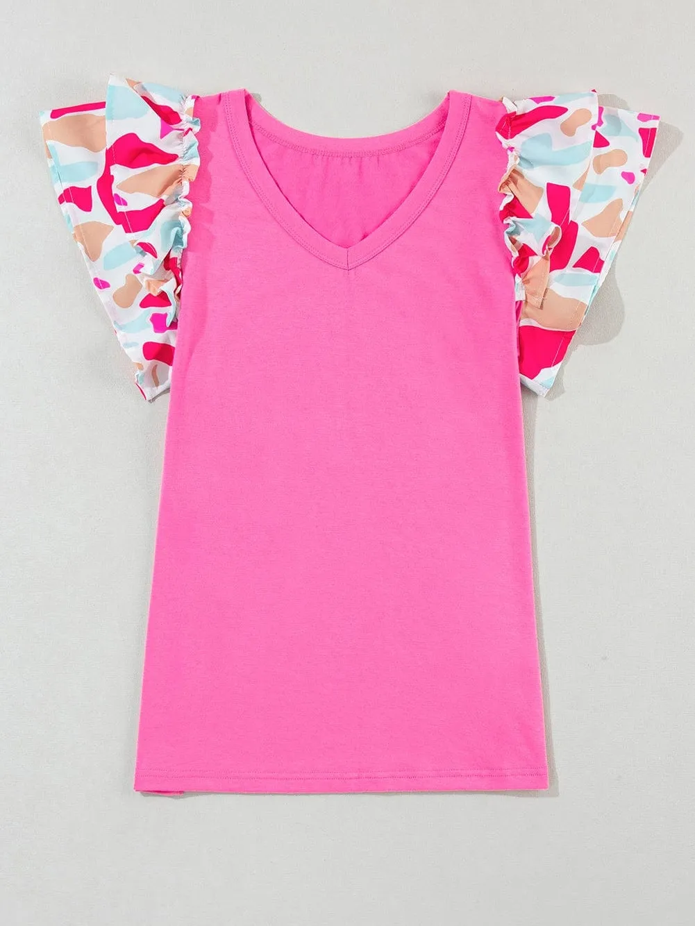 Bonbon Abstract Print Ruffle Sleeve V-Neck T-shirt