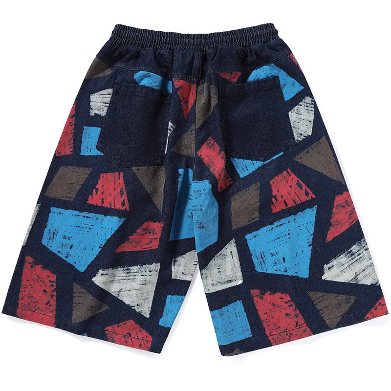 Color Block Plaid Print Knee Length Denim Shorts