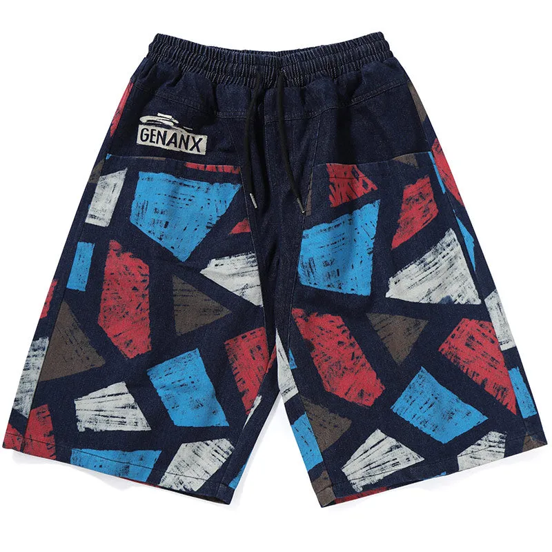 Color Block Plaid Print Knee Length Denim Shorts