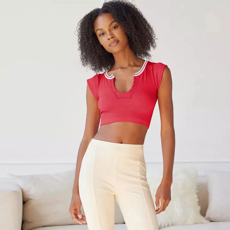 Contrast Stitching V Neck Cap Sleeve Rib Knit Cropped Top