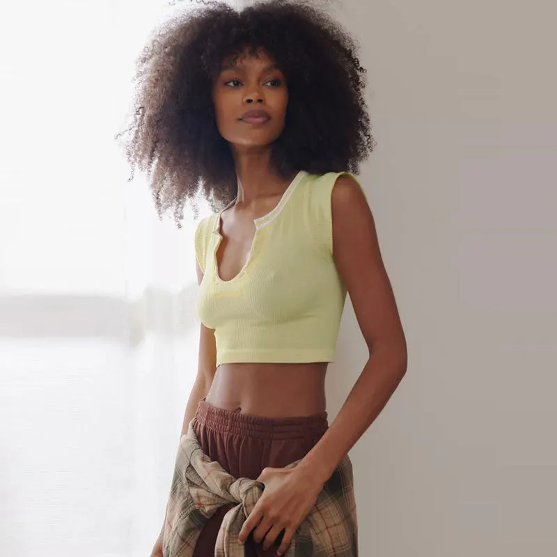 Contrast Stitching V Neck Cap Sleeve Rib Knit Cropped Top