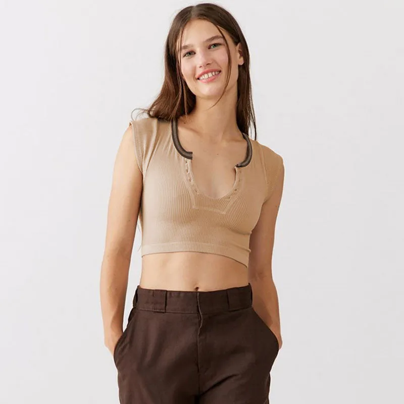 Contrast Stitching V Neck Cap Sleeve Rib Knit Cropped Top