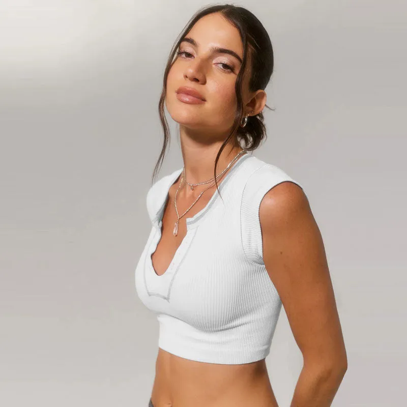 Contrast Stitching V Neck Cap Sleeve Rib Knit Cropped Top