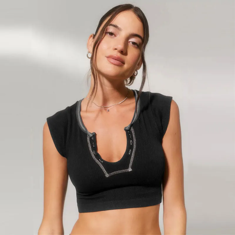 Contrast Stitching V Neck Cap Sleeve Rib Knit Cropped Top