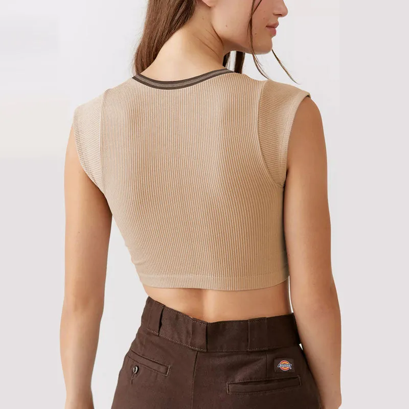 Contrast Stitching V Neck Cap Sleeve Rib Knit Cropped Top