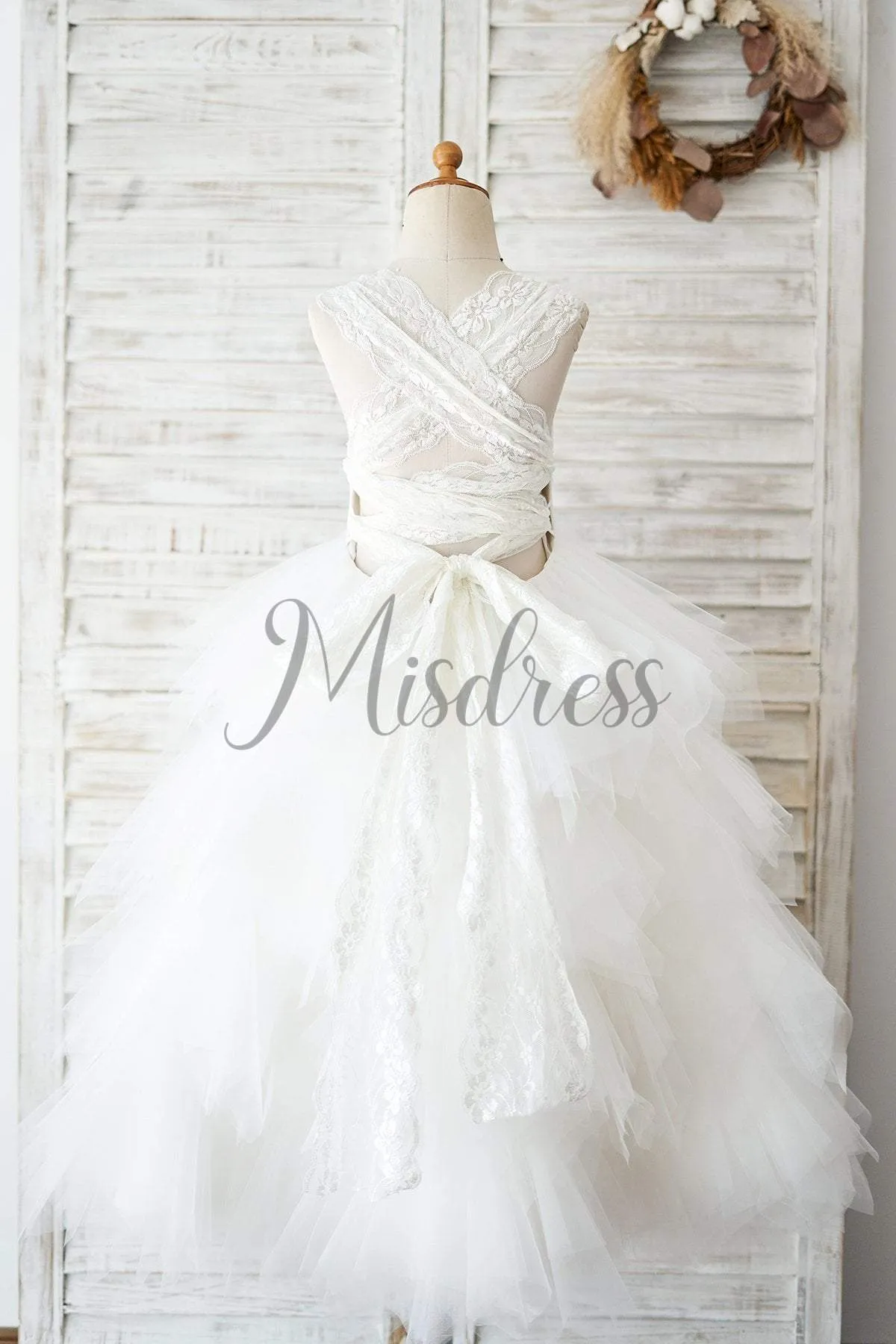 Cross Back Ivory Lace Ruffles Tulle Ball Gown Wedding Flower Girl Dress