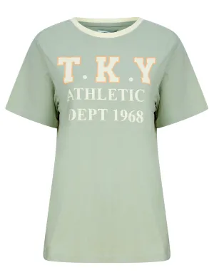 Daisy Motif Cotton Jersey Ringer T-Shirt in Aqua Gray - Tokyo Laundry