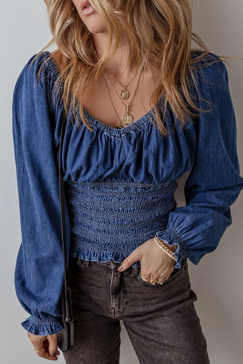 Denim Smocked Puff Sleeve Blouse