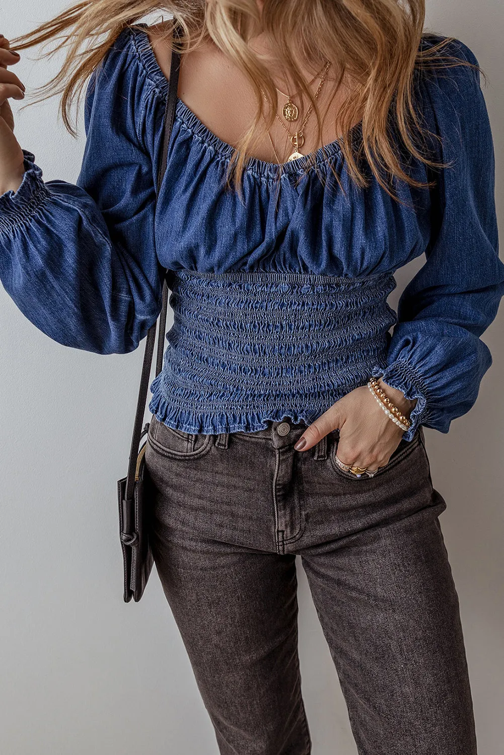 Denim Smocked Puff Sleeve Blouse