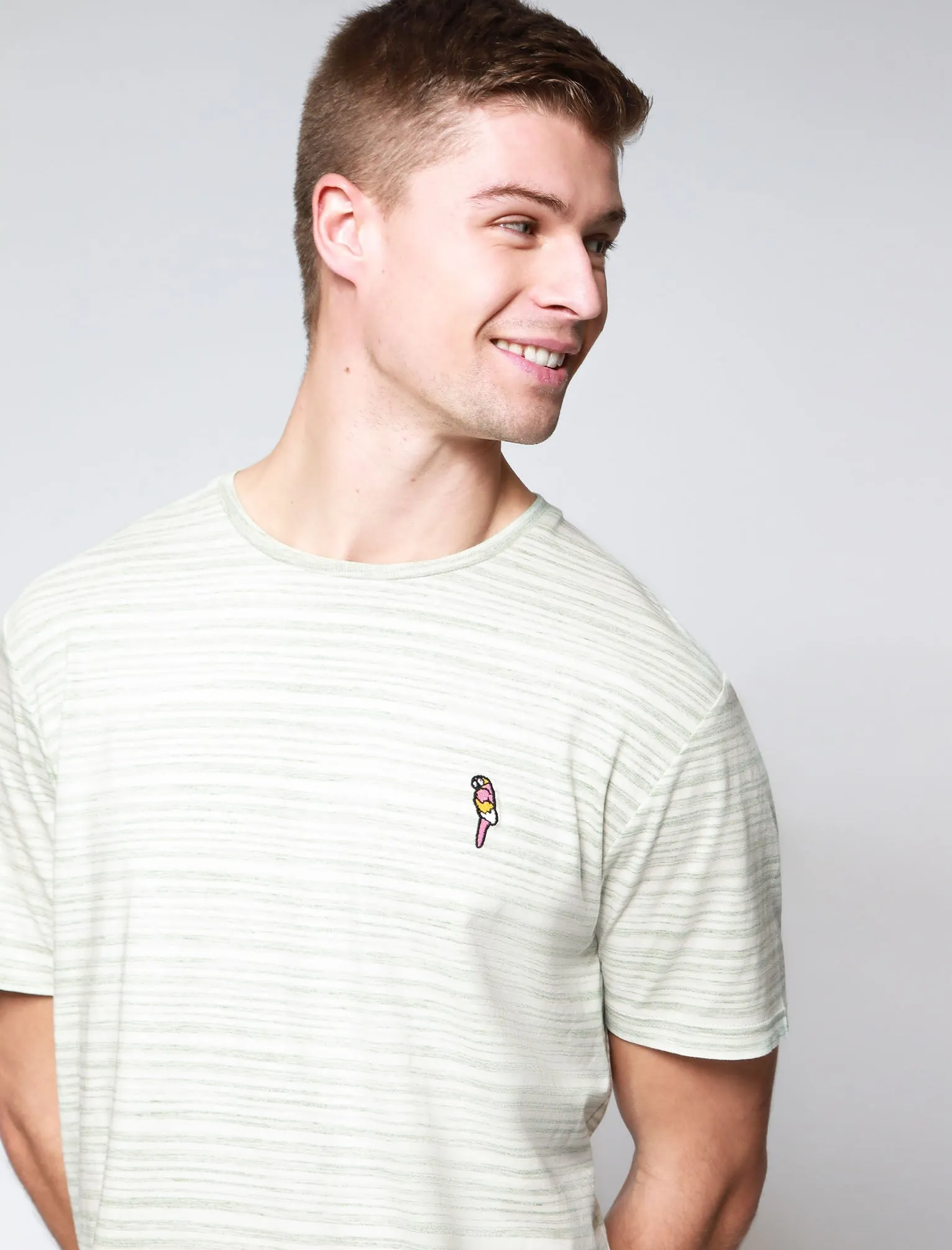 Drop Striped Cotton Jersey T-Shirt with Parrot Motif In Green - South Shore