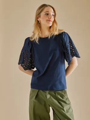 Ella Broderie Jersey Top - Navy
