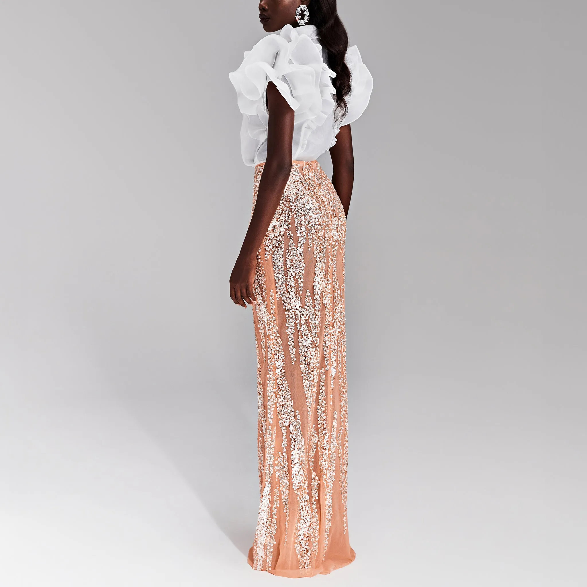 Fully Beaded Peach Skirt with Shimmery Embellishments