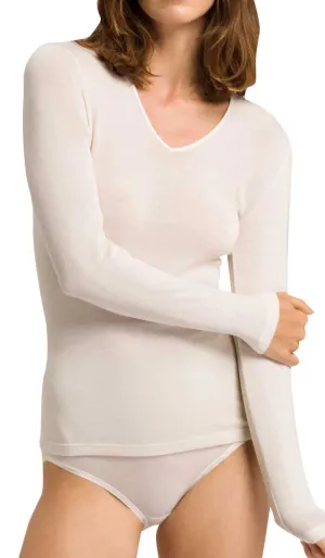 Hanro 70% Wool 30% Silk Top with Long Sleeve in Ivory 071418
