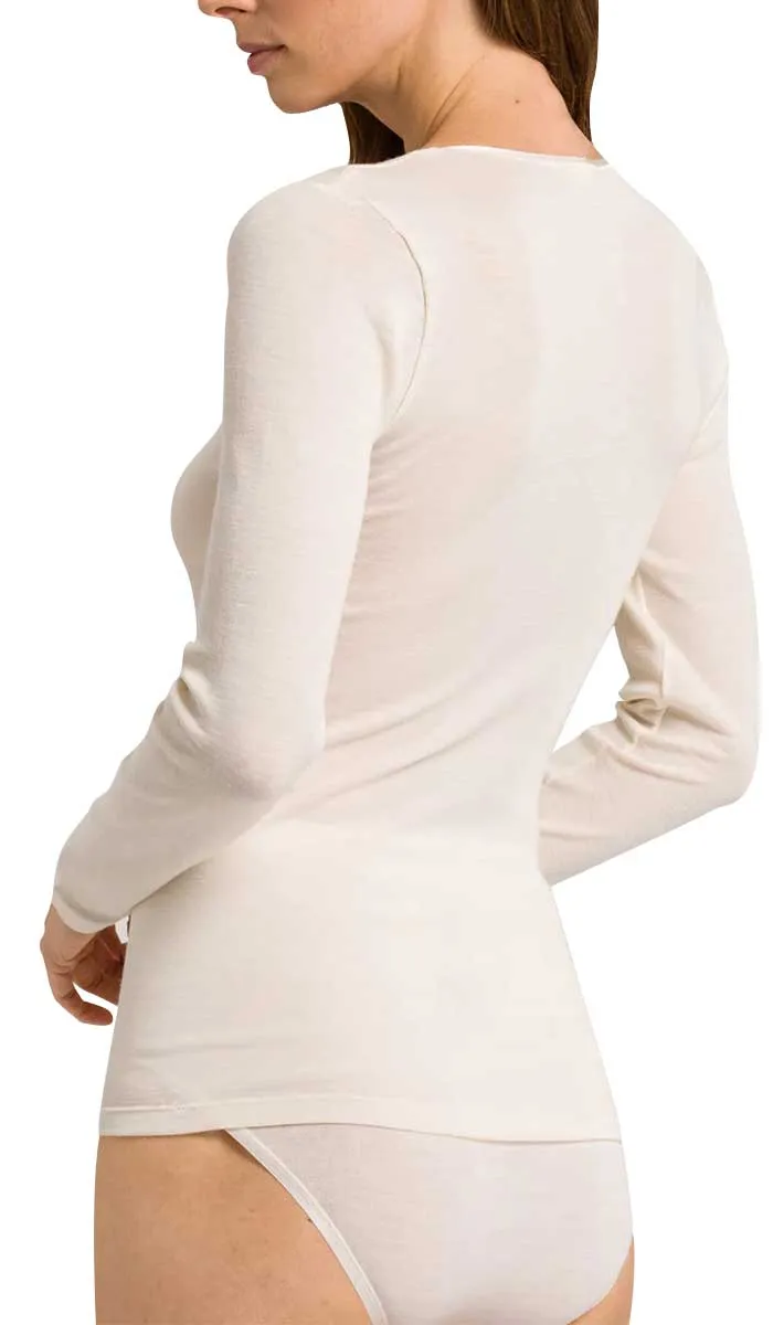 Hanro 70% Wool 30% Silk Top with Long Sleeve in Ivory 071418