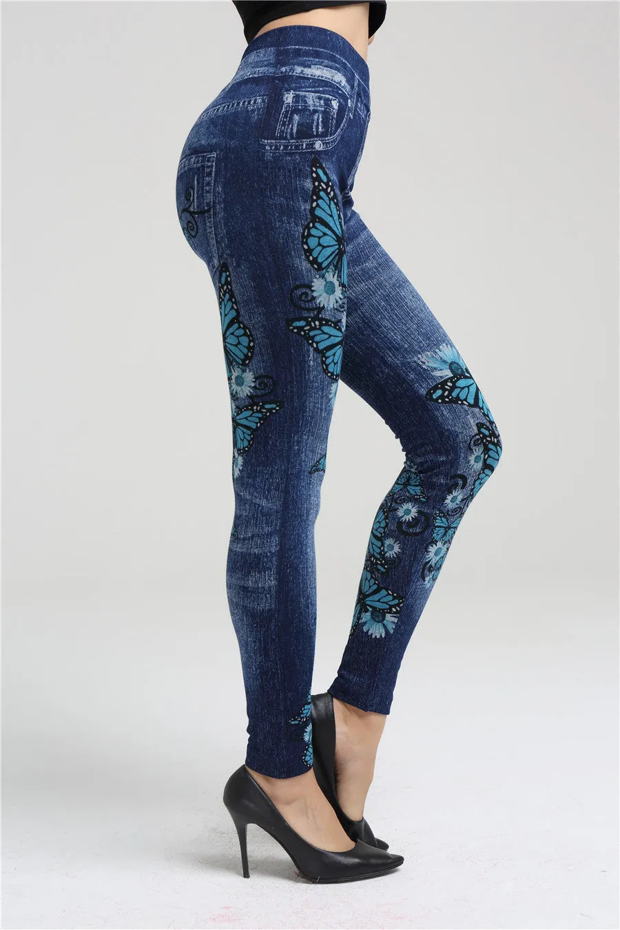 Imitation Denim Big Bowknot Over Stretch Leggings