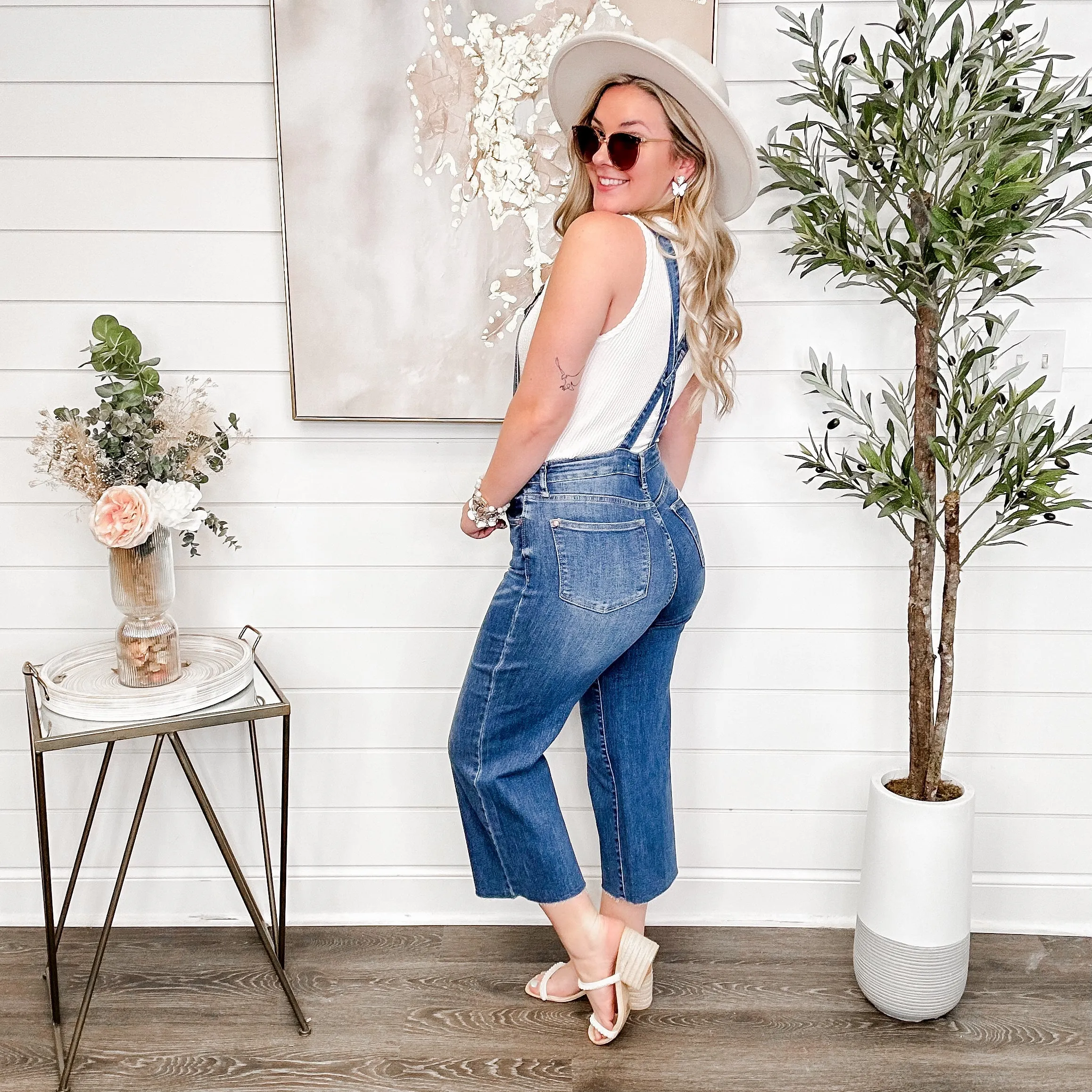 Judy Blue Diane Wide Leg Cropped Medium Wash Overalls