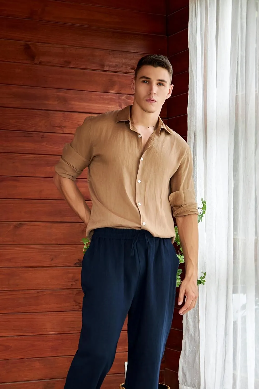 Krasiv Men's 100% Linen Shirt Long Sleeve Casual Button Up Summer Beach Lightweight Tops