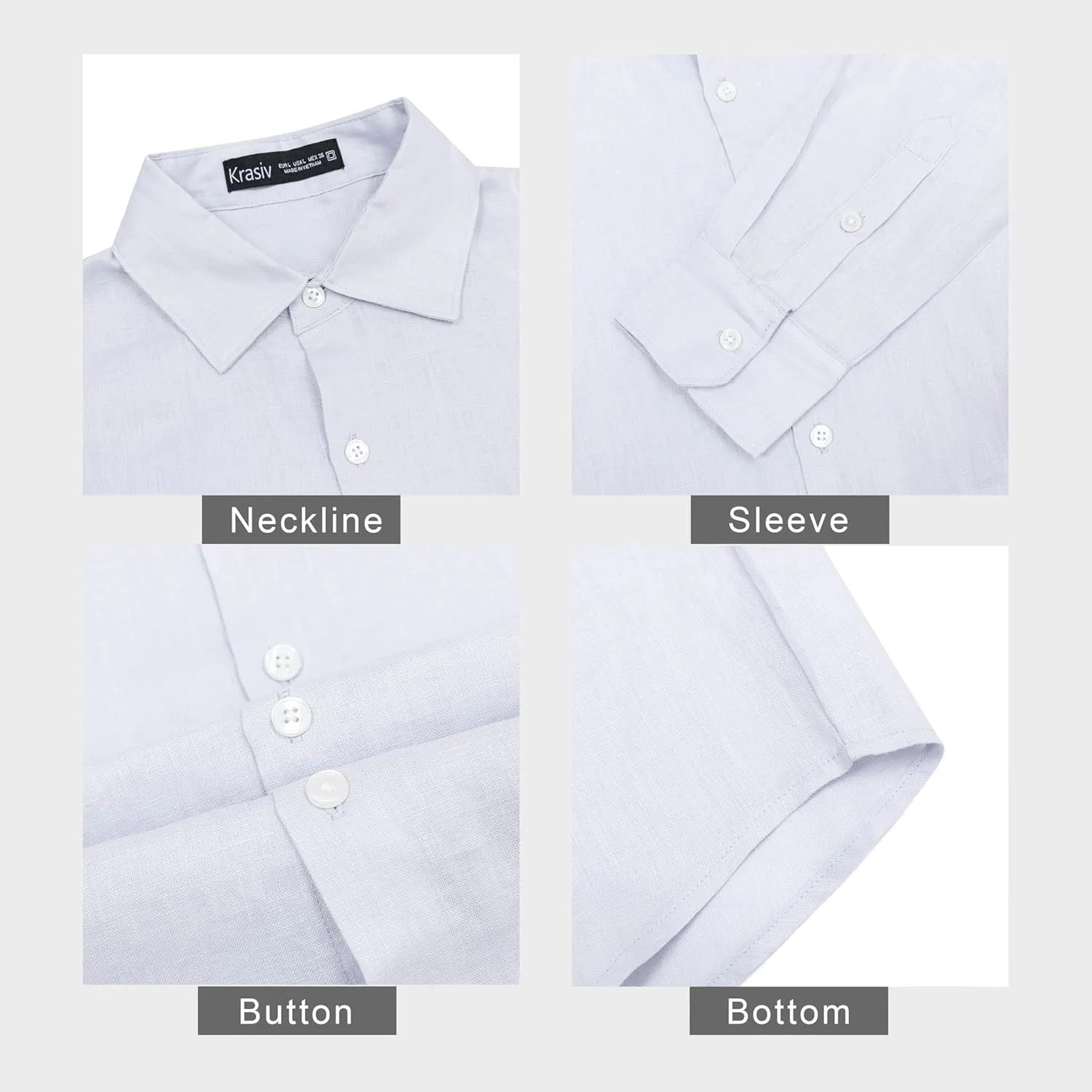 Krasiv Men's 100% Linen Shirt Long Sleeve Casual Button Up Summer Beach Lightweight Tops