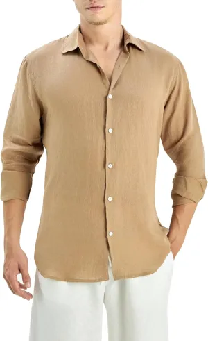 Krasiv Men's 100% Linen Shirt Long Sleeve Casual Button Up Summer Beach Lightweight Tops