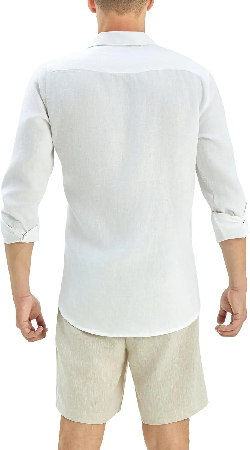 Krasiv Men's 100% Linen Shirt Long Sleeve Casual Button Up Summer Beach Lightweight Tops
