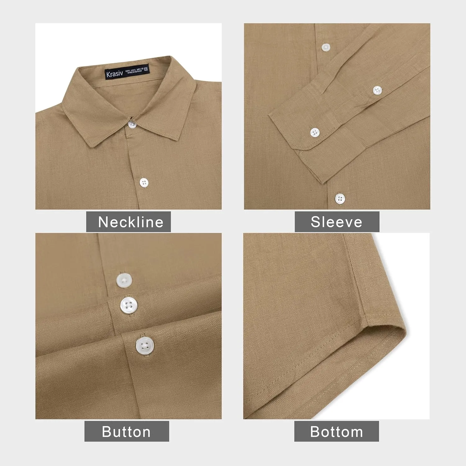 Krasiv Men's 100% Linen Shirt Long Sleeve Casual Button Up Summer Beach Lightweight Tops