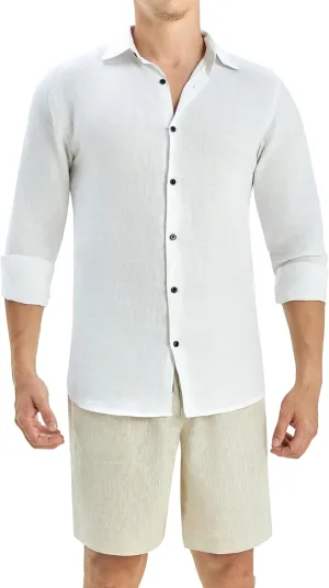 Krasiv Men's 100% Linen Shirt Long Sleeve Casual Button Up Summer Beach Lightweight Tops