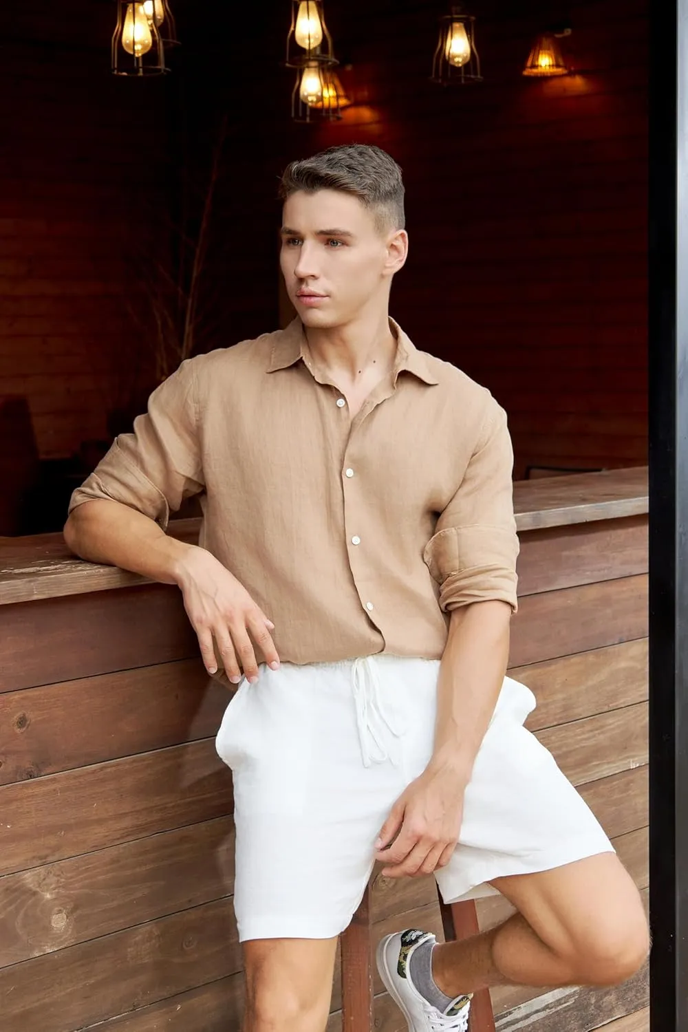 Krasiv Men's 100% Linen Shirt Long Sleeve Casual Button Up Summer Beach Lightweight Tops