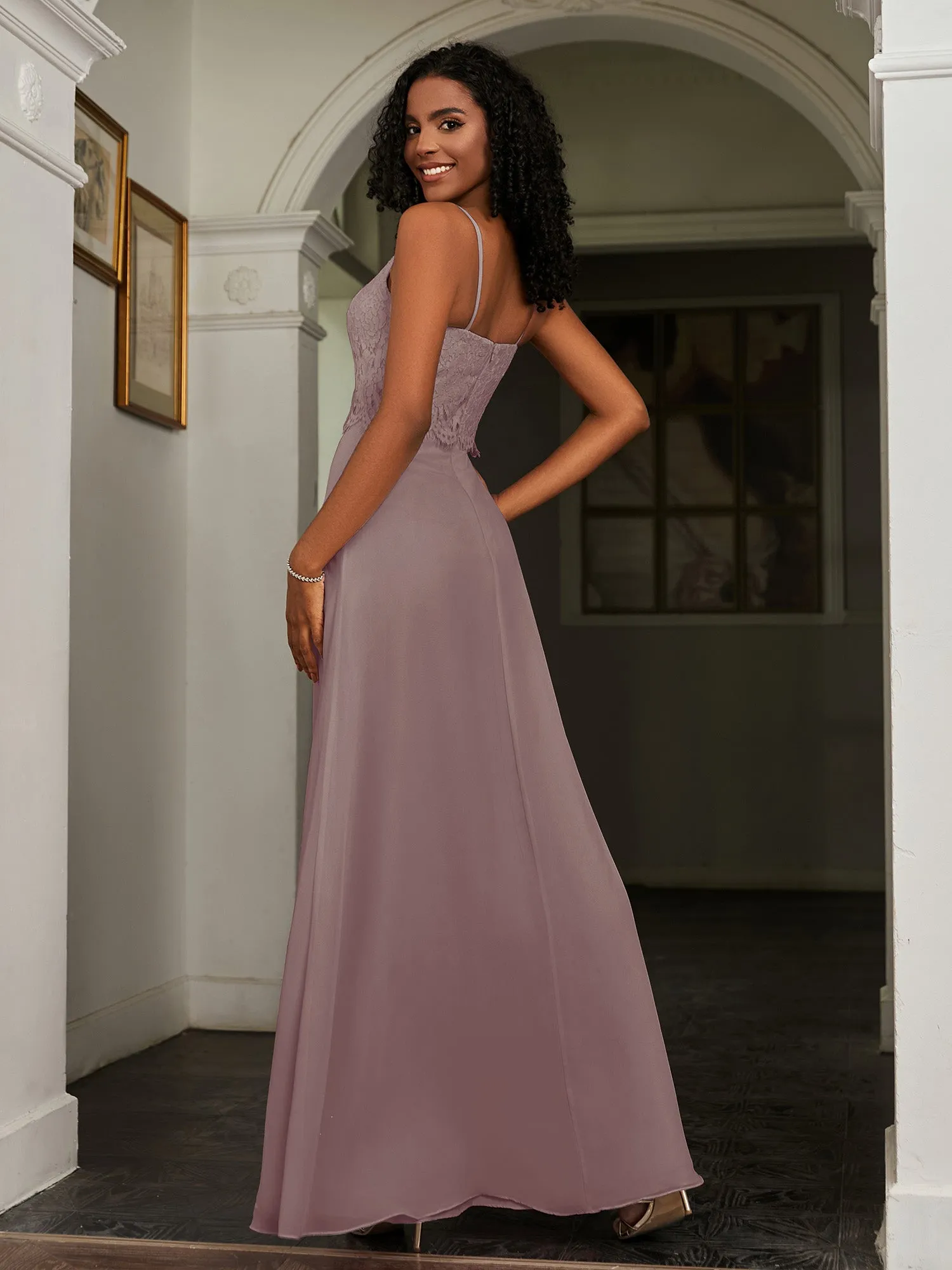 Lace Appliqued  Backless Chiffon A-Line Dress Dusk
