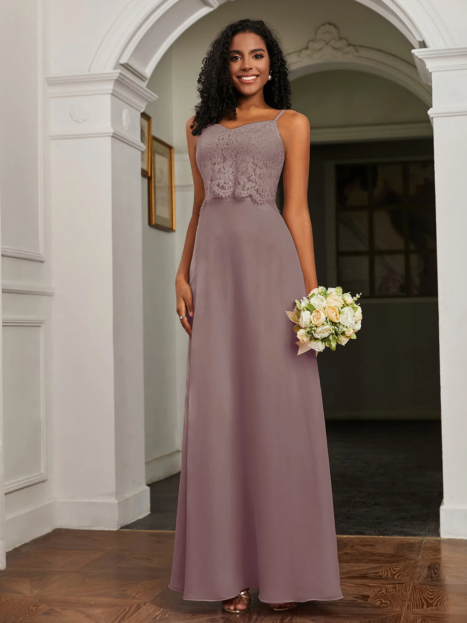 Lace Appliqued  Backless Chiffon A-Line Dress Dusk