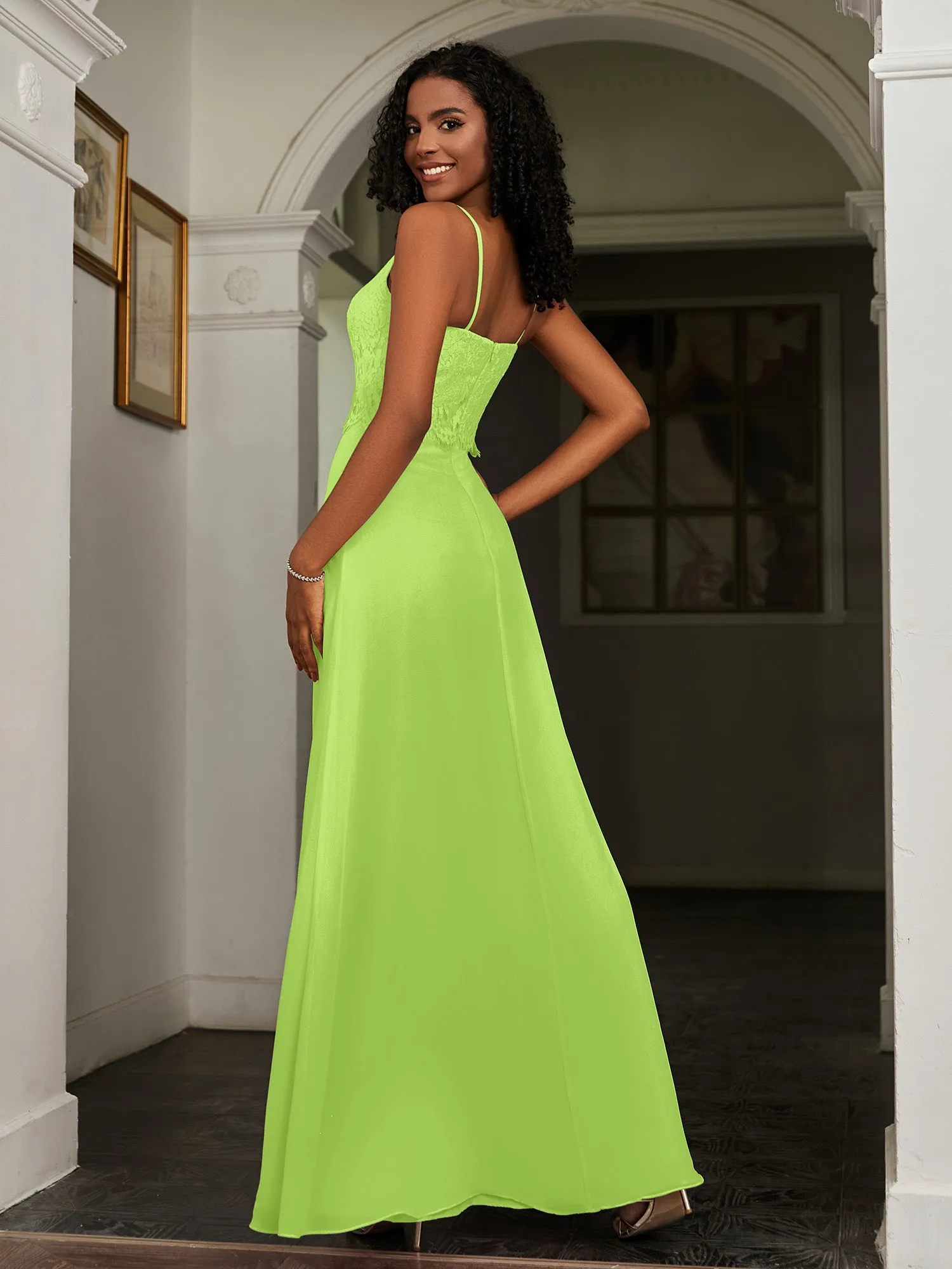 Lace Appliqued  Backless Chiffon A-Line Dress Lime Green Plus Size