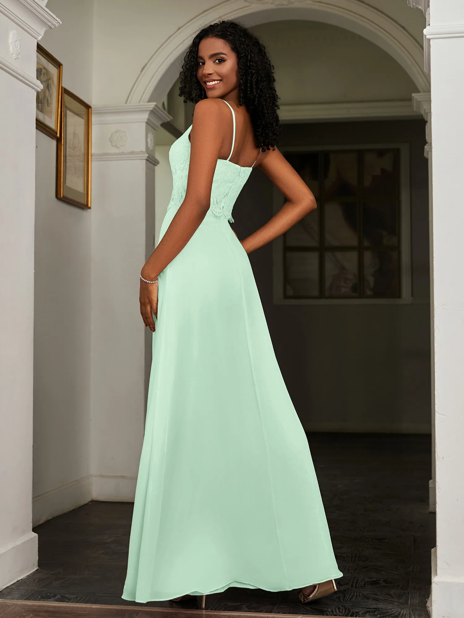 Lace Appliqued  Backless Chiffon A-Line Dress Mint Green Plus Size