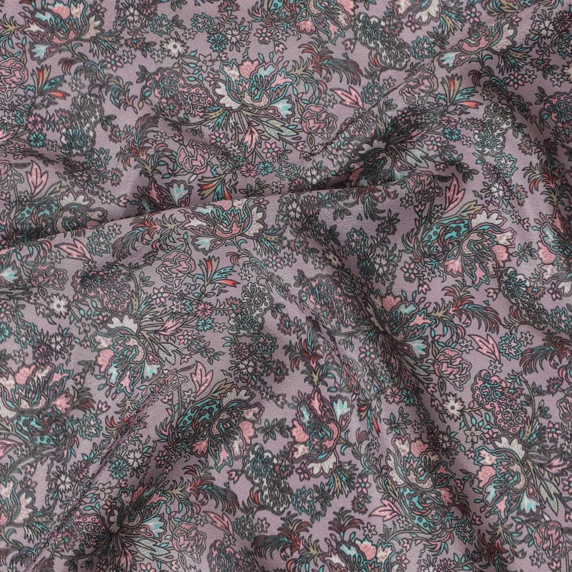 Light plum synthetic crepe fabric with multicolor print in floral design-D15034