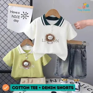 Lion Theme Polo Neck Tshirt with 100% Denim Comfy Shorts