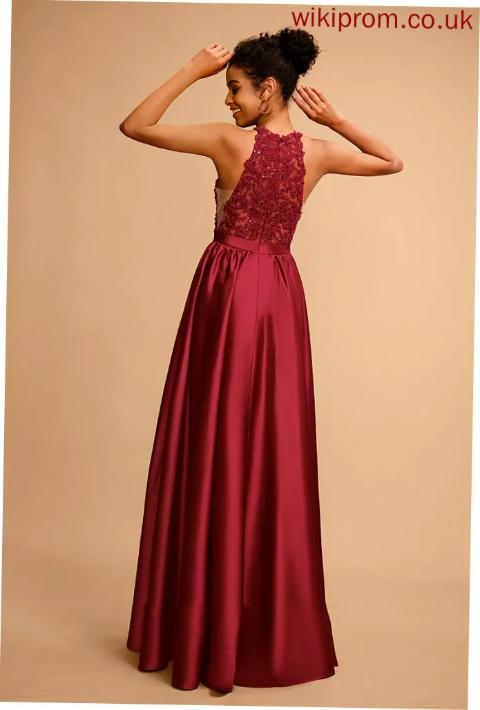 Marian Prom Dresses Halter Satin Floor-Length With Sequins Ball-Gown/Princess