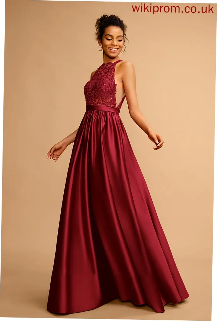 Marian Prom Dresses Halter Satin Floor-Length With Sequins Ball-Gown/Princess